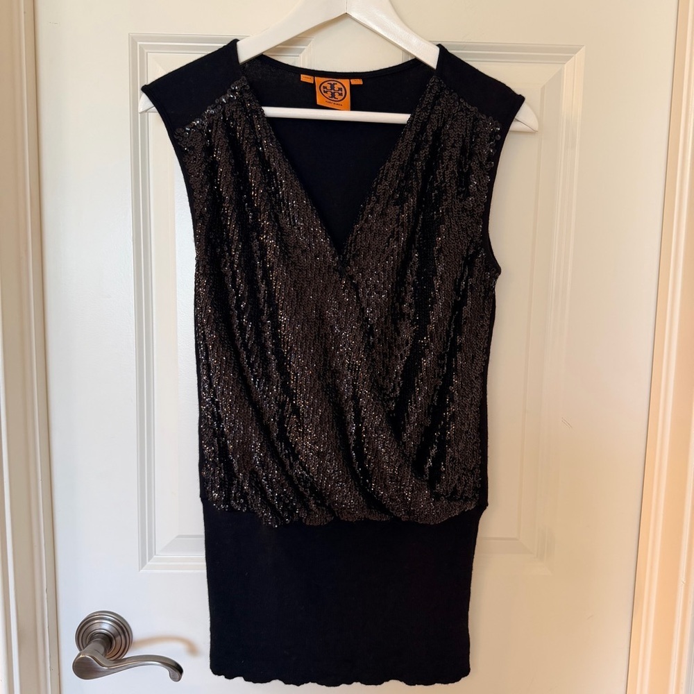 Tory Burch Black Merino Wool Sequin Blouson Cross Front Top